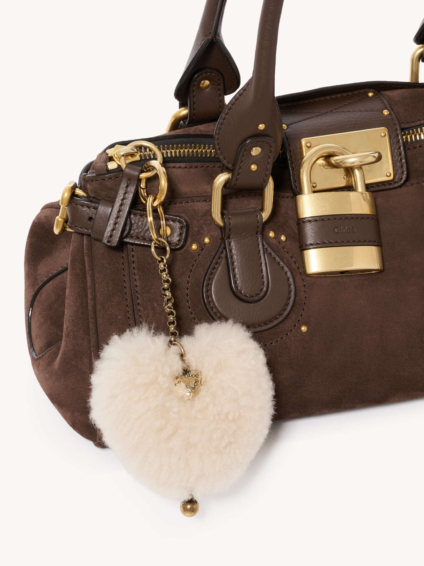 Chlo&eacute; Symbols Heart Shearling & Mini Heart key ring bag charm in brass - 2.0