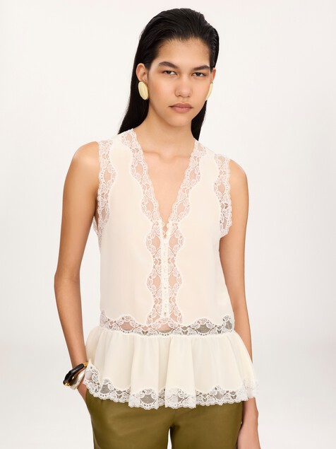 Sleeveless peplum top in cr&ecirc;pe de chine & lace