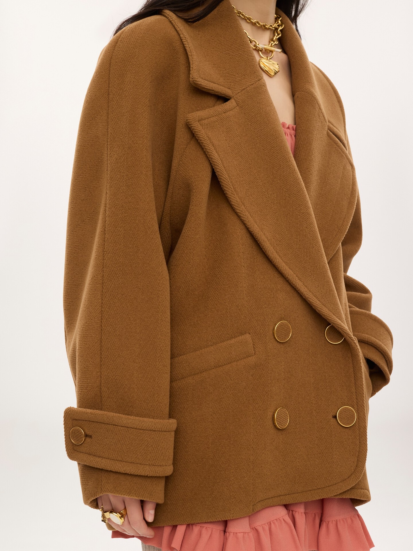 Double-breasted short coat in herringbone wool - 4.0