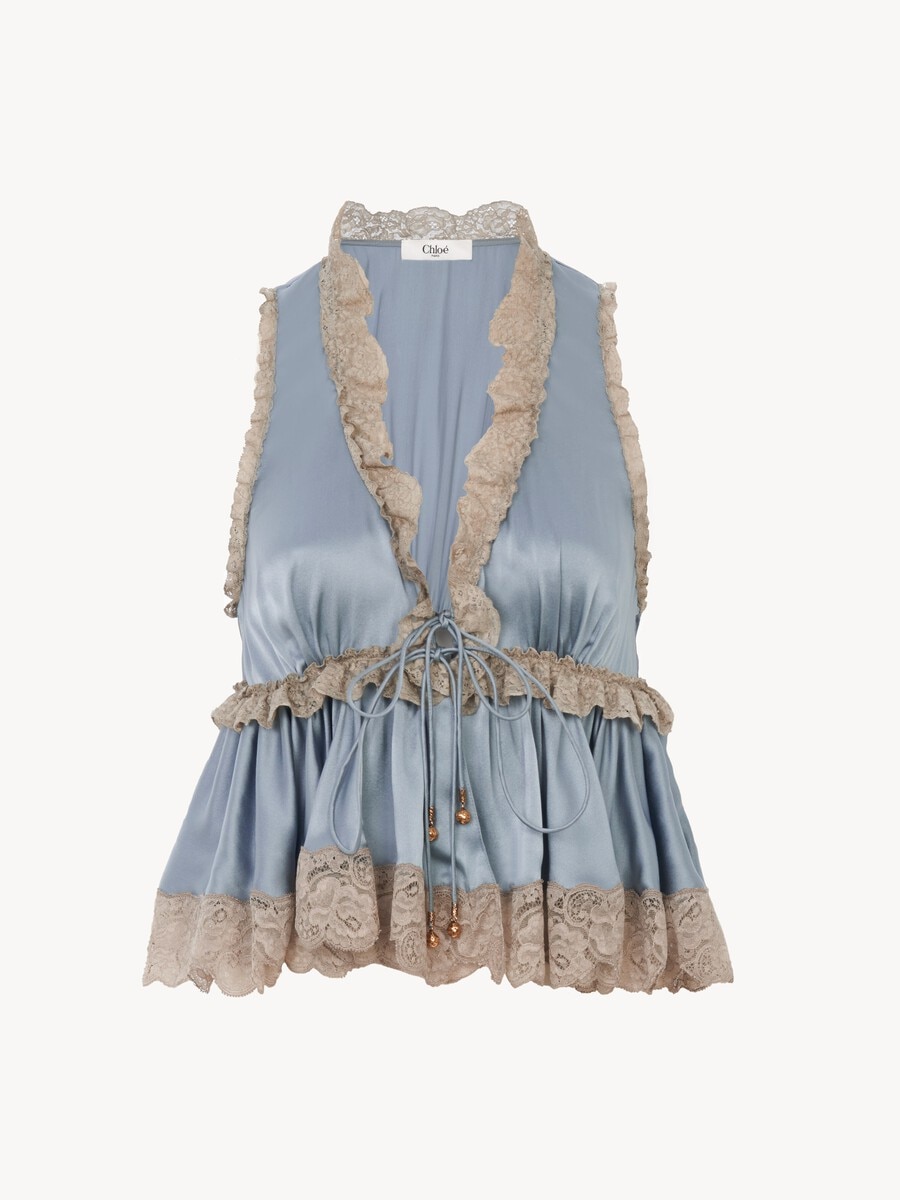 Tie-front sleeveless top in washed silk satin & lace - 2