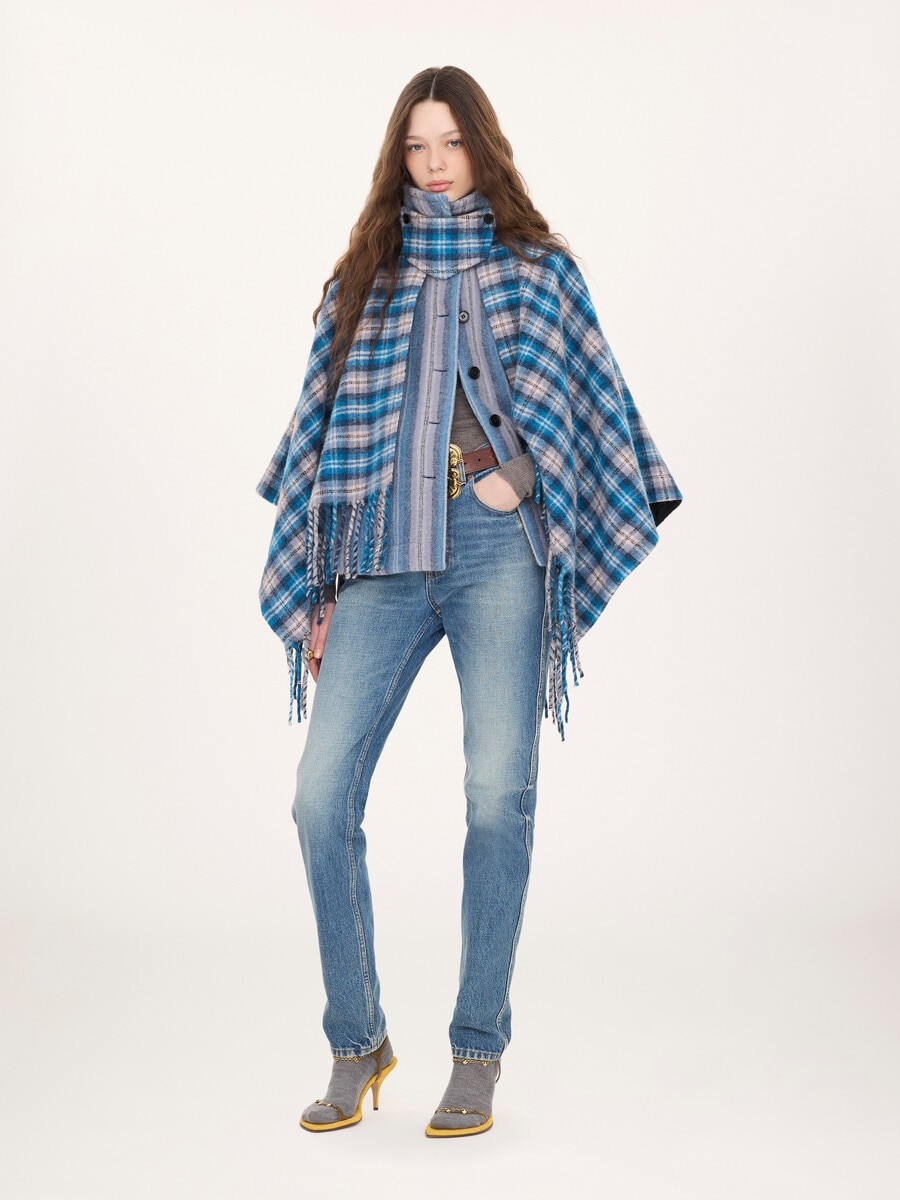 High-neck short cape coat in check wool & alpaca - 1