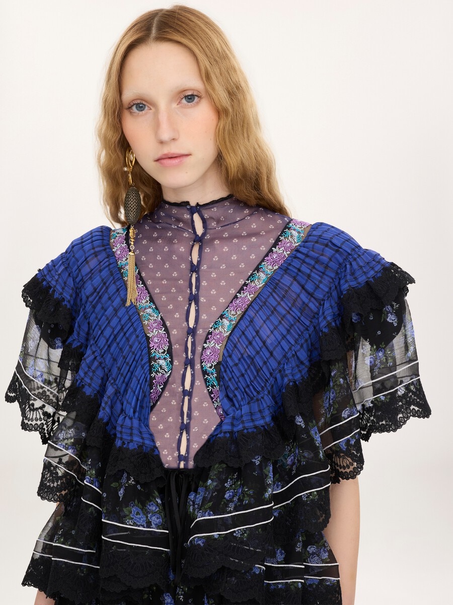 Ruffled long dress in silk mousseline & lace - 5
