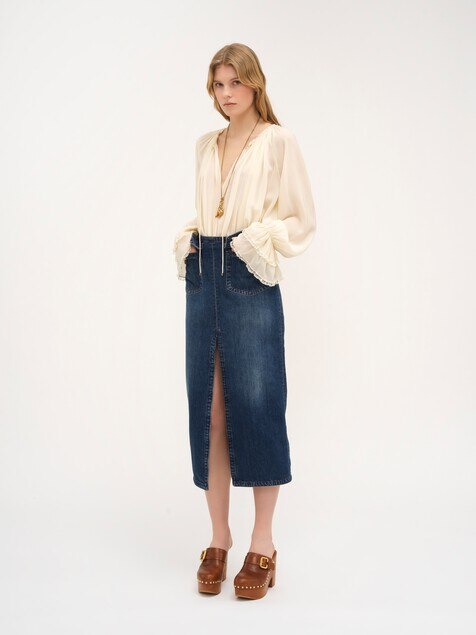 Gathered V-neck top in silk georgette