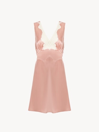 Sleeveless mini dress in washed silk satin & lace - 2