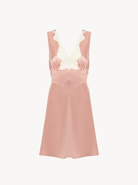 Sleeveless mini dress in washed silk satin & lace