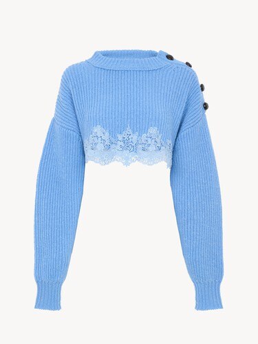 Cropped sweater in a merino wool knit & lace - 2