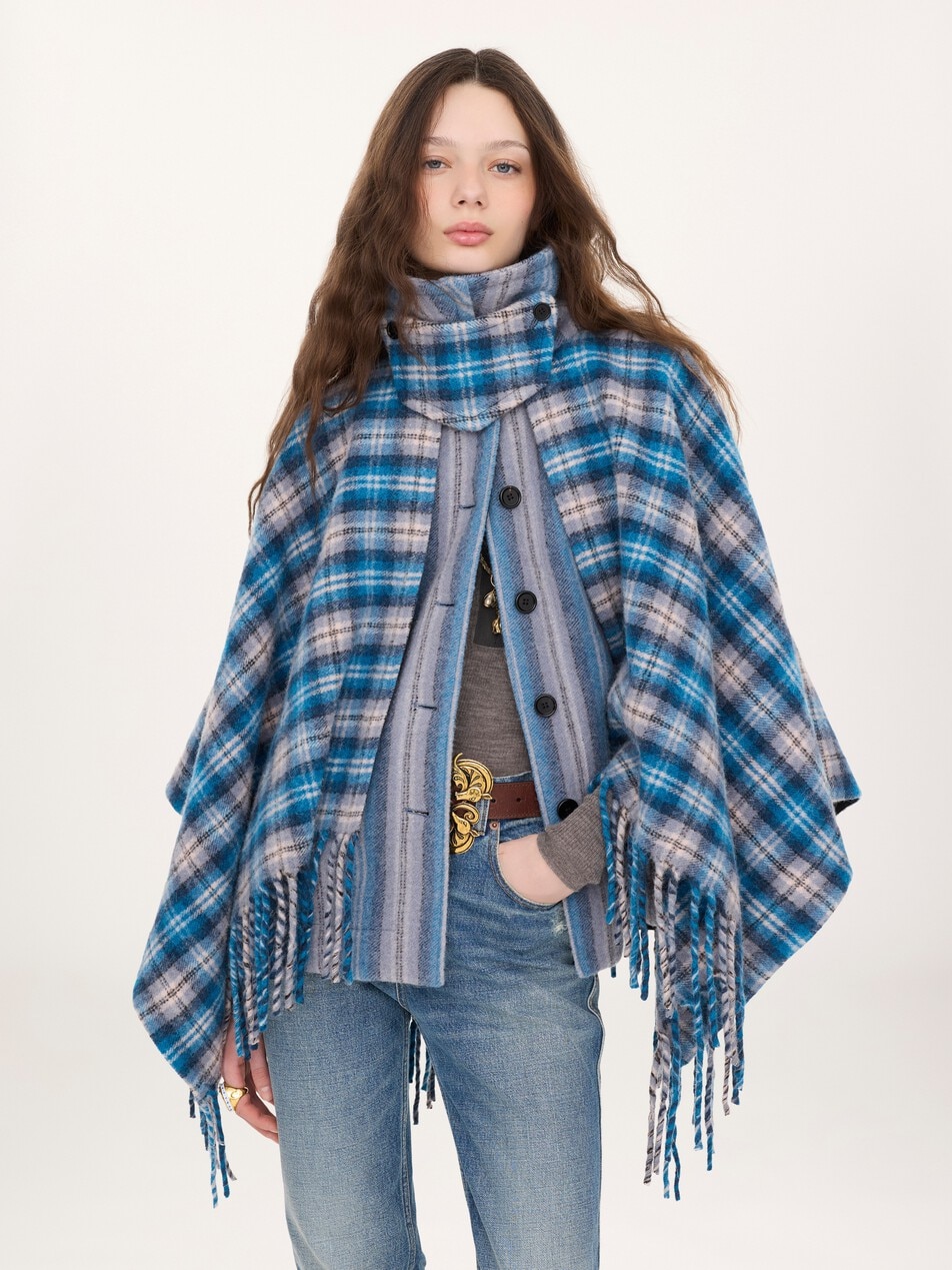 High-neck short cape coat in check wool & alpaca