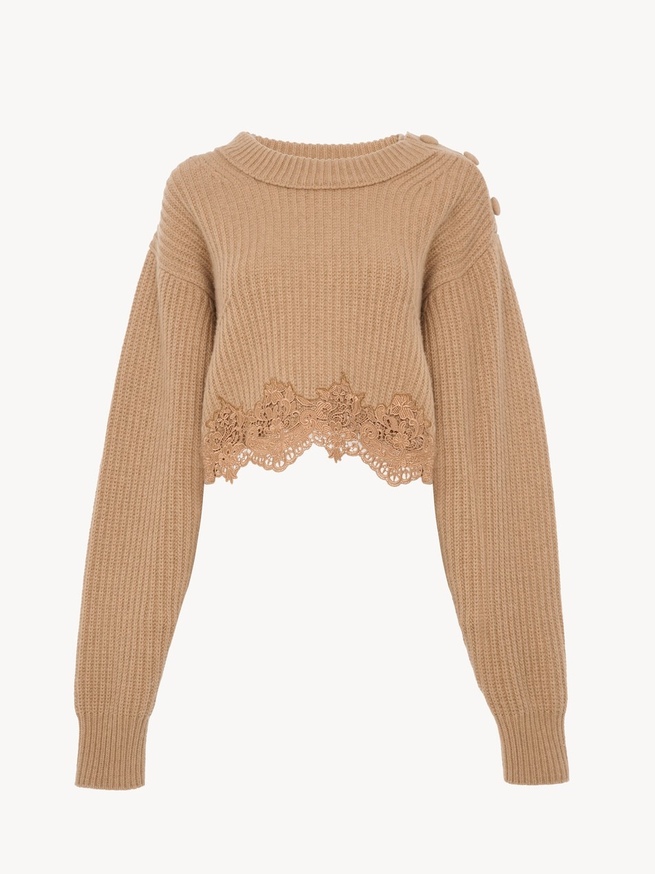 Cropped mock-neck sweater in a wool and cashmere knit & lace