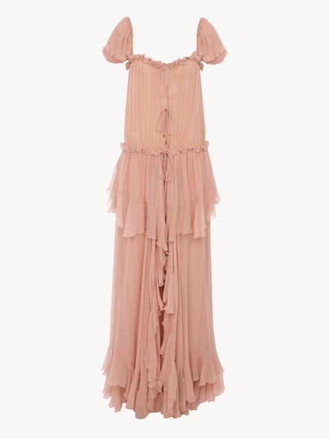 Gathered long ruffled dress in silk mousseline