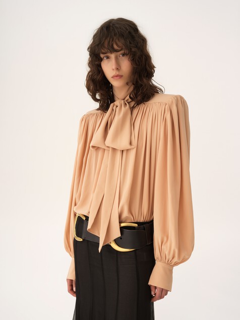 Oversized gathered lavalli&egrave;re blouse in cr&ecirc;pe de chine