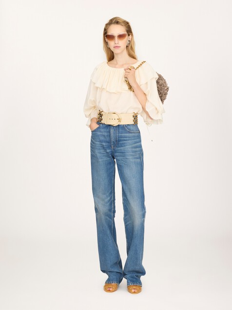 Top fluido con volantes de jacquard de seda