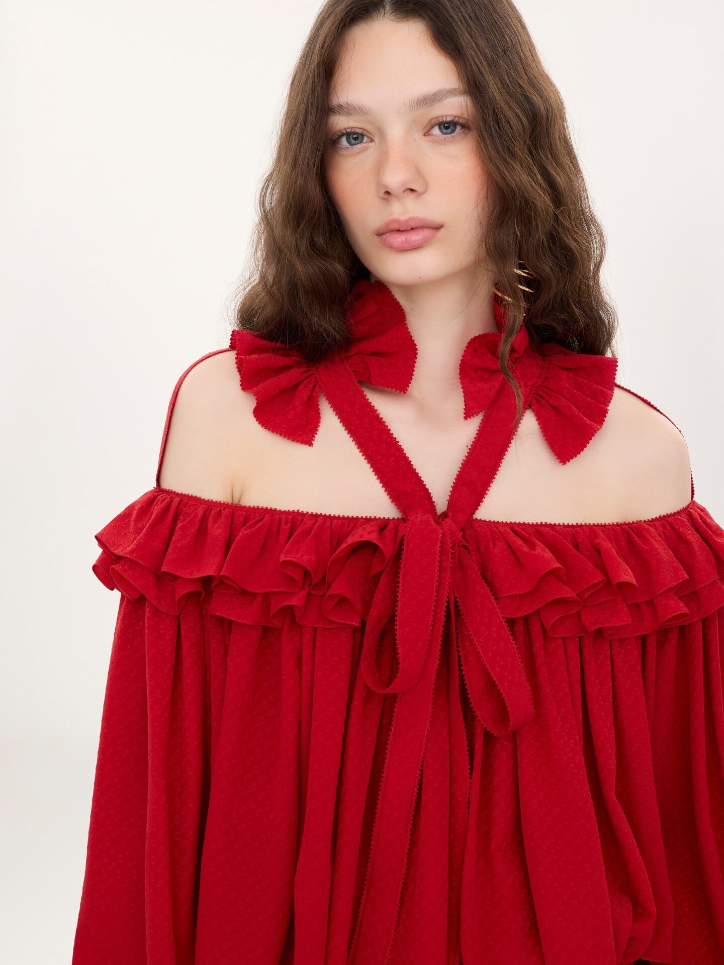 Cut-out ruffle top in silk jacquard - 7.0