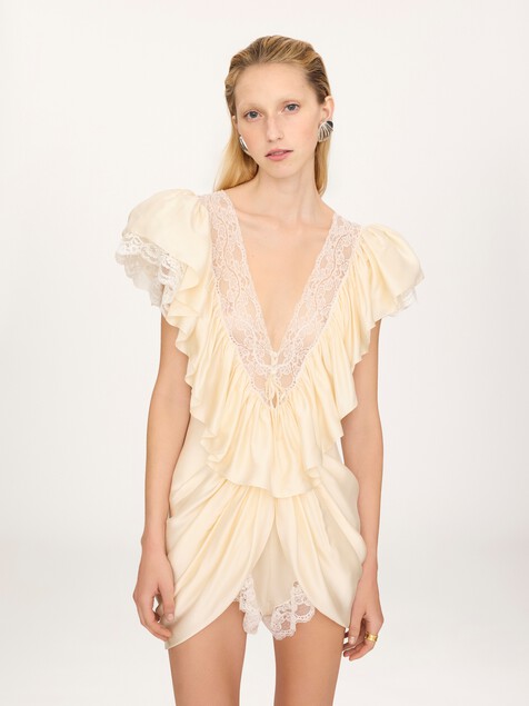 V-neck short jumpsuit in washed silk satin & lace
