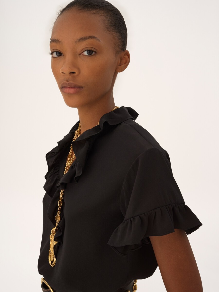 Short-sleeve ruffle top in cr&ecirc;pe de chine - 6