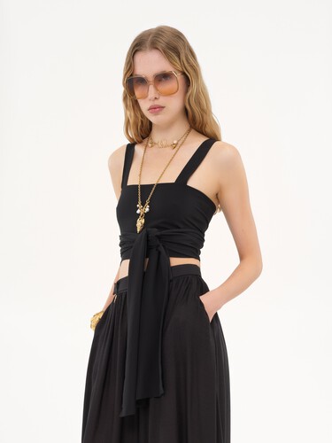 Cropped front-tie tank top in cr&ecirc;pe de chine - 4