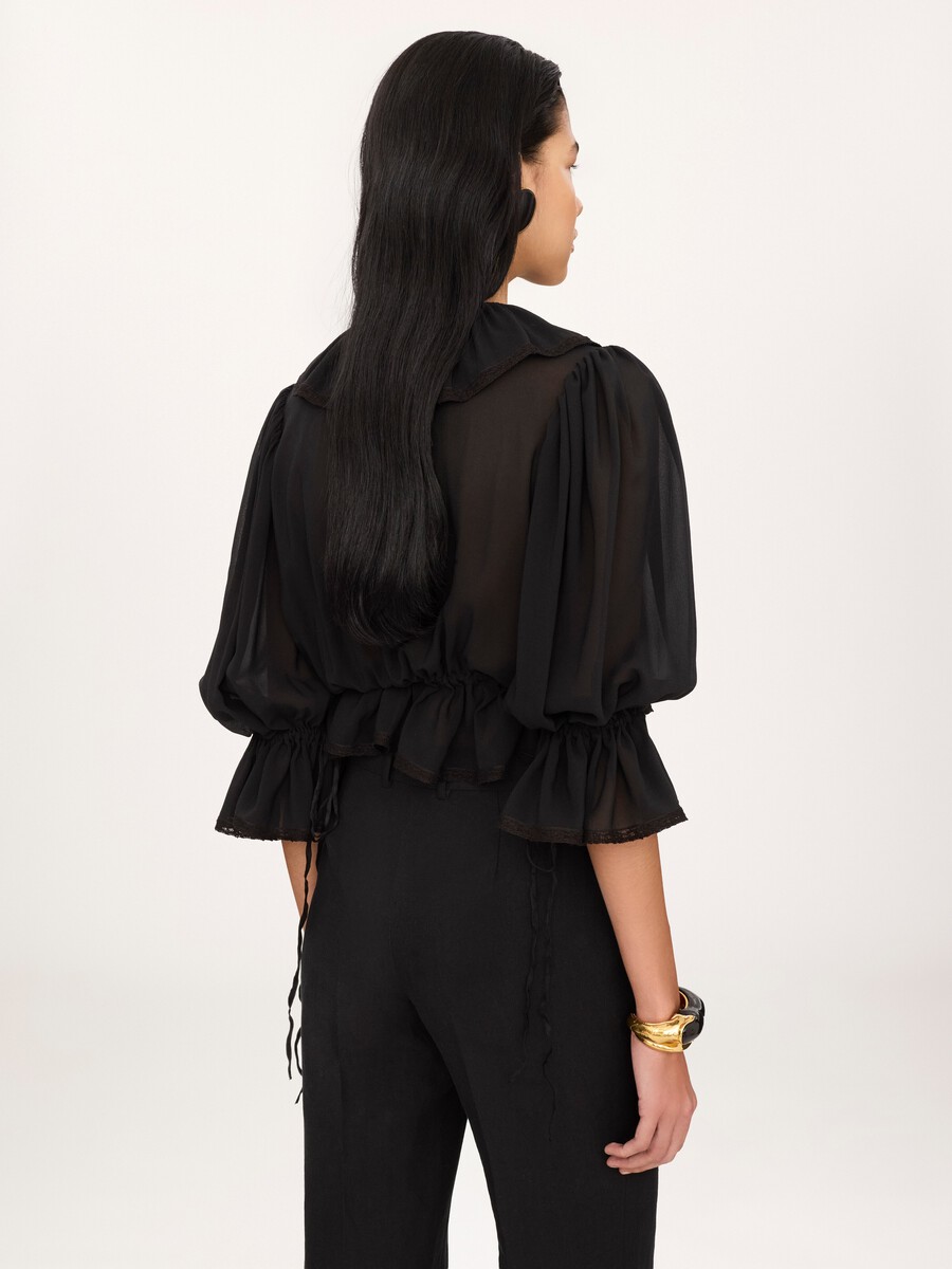 Cropped V-neck ruffle top in silk georgette & lace - 5