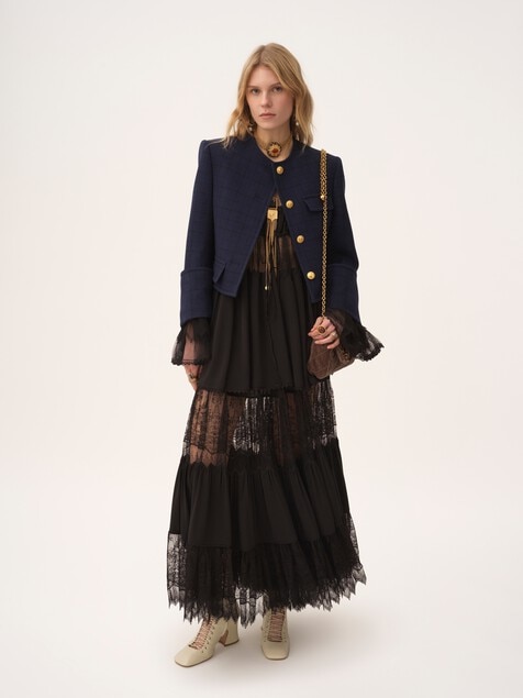 Boxy collarless jacket in wool check