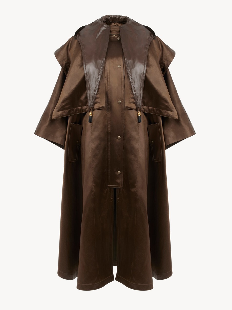 Hooded long cape coat in satin