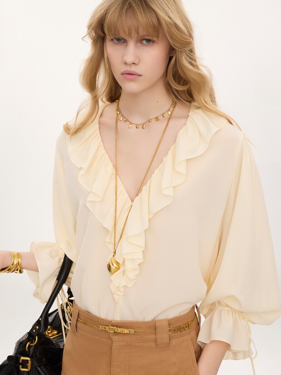 V-neck ruffle top in cr&ecirc;pe de chine - 4
