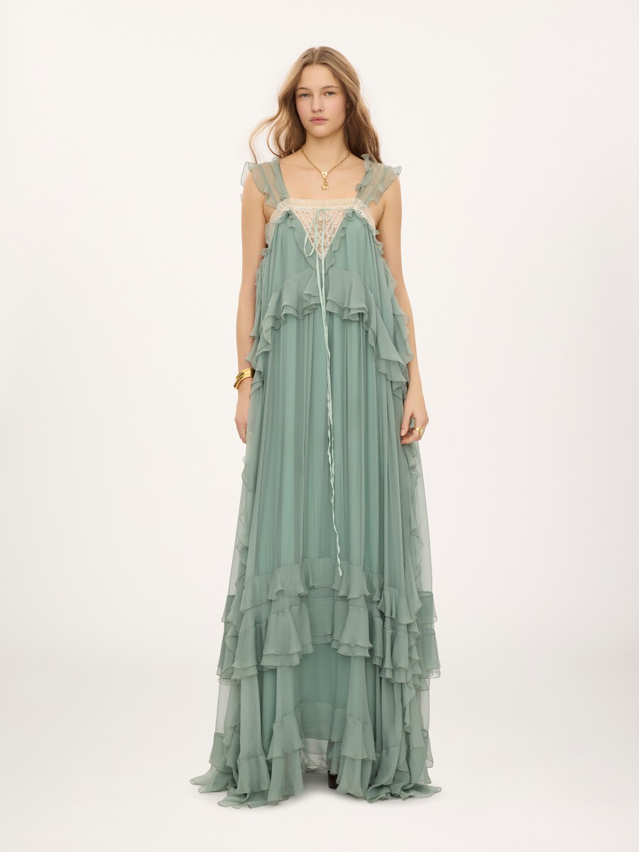 Robe longue sans manches &agrave; superpositions en mousseline de soie et dentelle - 1