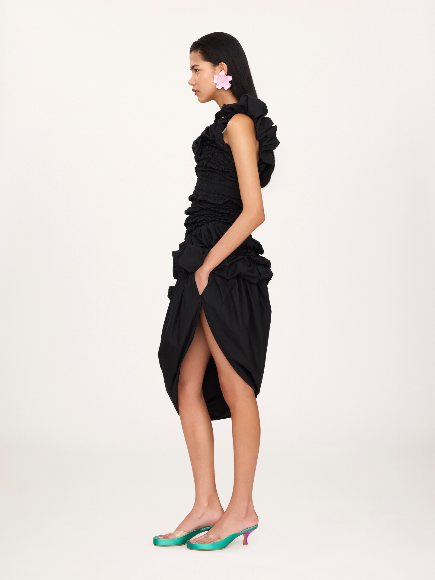 Ruched bustier midi dress in cotton poplin - 4.0
