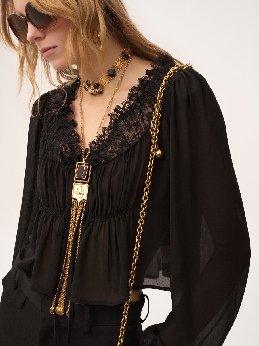 Top cropped de cuello redondo de georgette de seda y encaje - 6