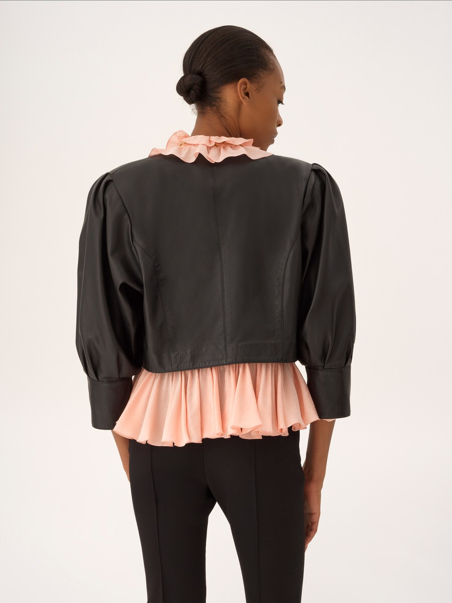 Cropped collarless jacket in leather - 5