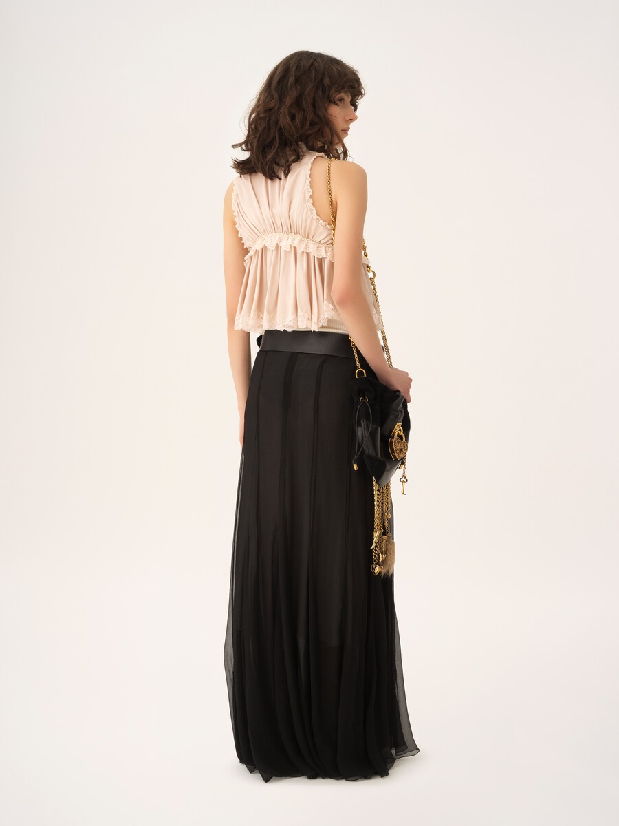 Tie-front sleeveless top in washed silk satin & lace - 4