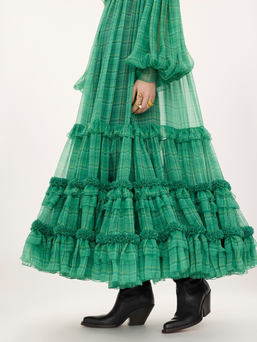 Off-the-shoulder long dress in check silk mousseline - 4