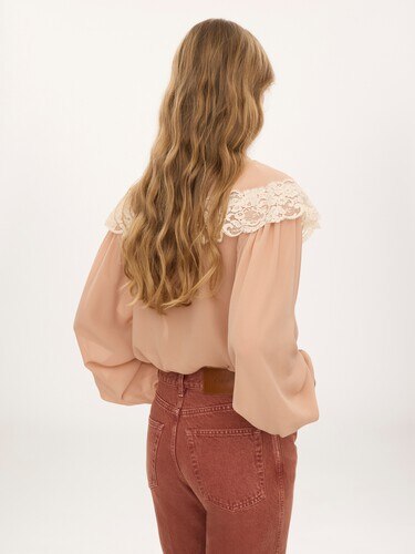 Tie-front gathered blouse in silk georgette & lace - 5