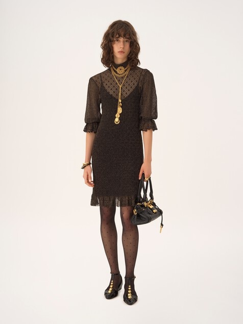Ruffled puff-sleeve mini dress in a lurex knit