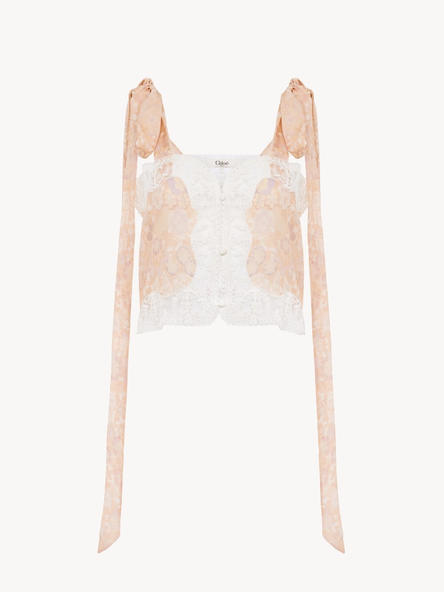 Knotted-strap cropped top in silk charmeuse & lace - 2