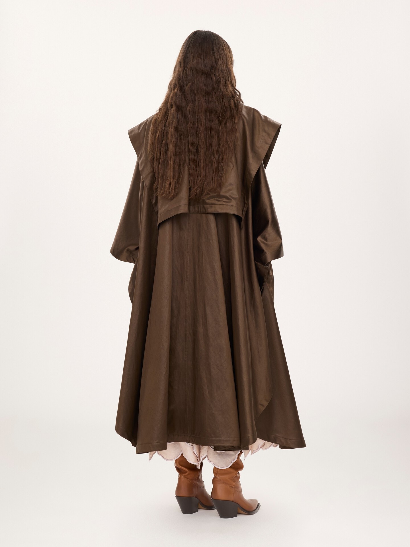 Hooded long cape coat in satin - 5.0