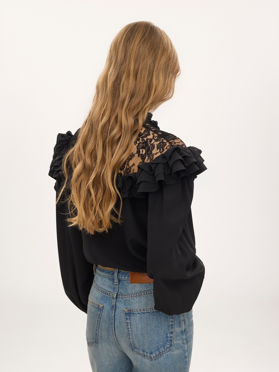 High-neck ruffled blouse in cr&ecirc;pe de chine & lace - 5