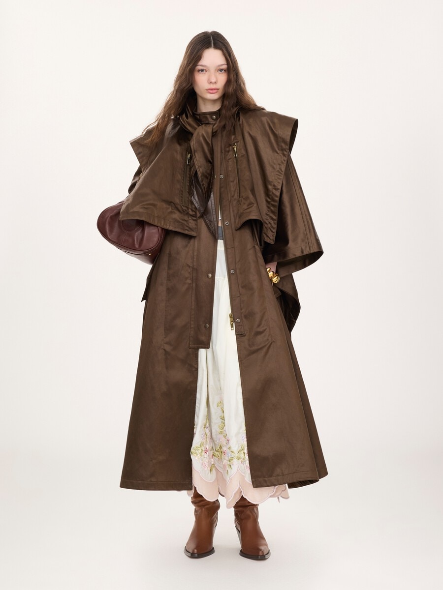 Hooded long cape coat in satin - 1