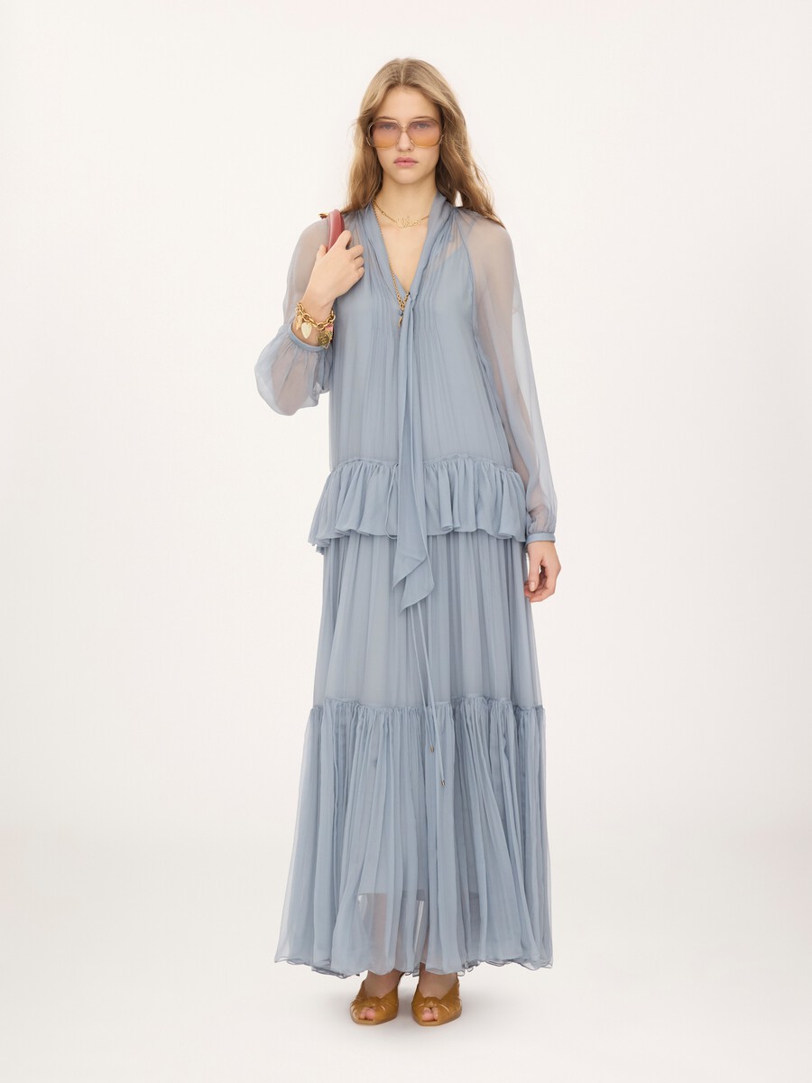 Fluid lavalli&egrave;re long dress in silk mousseline - 3