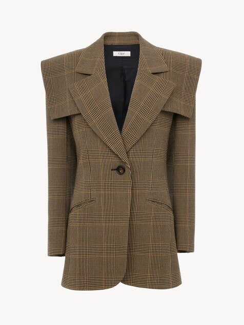 Veste blazer droite en laine prince-de-galles