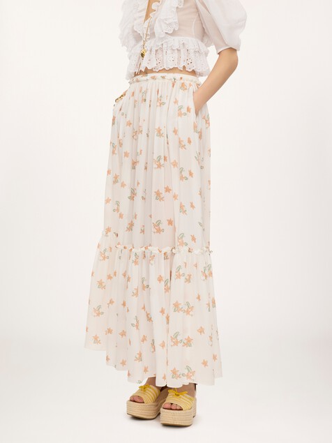 Gathered long skirt in silk charmeuse