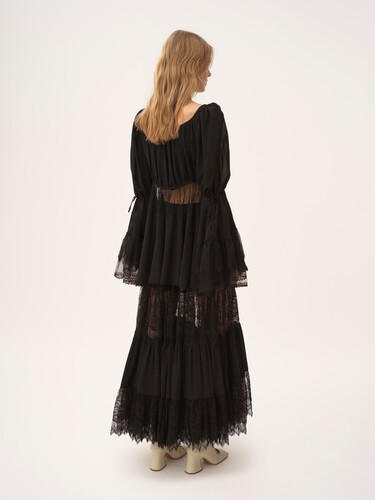 Tiered long skirt in silk georgette & lace - 7