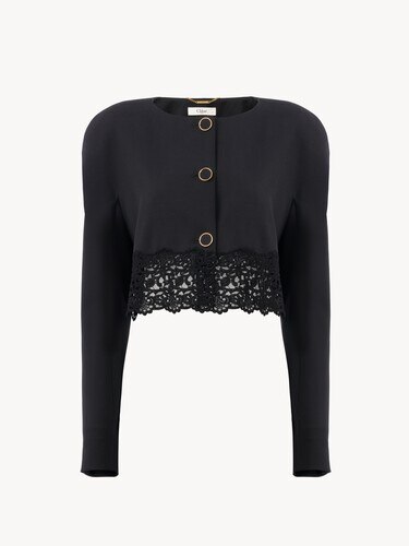 Collarless cropped jacket in wool grain de poudre & lace - 2