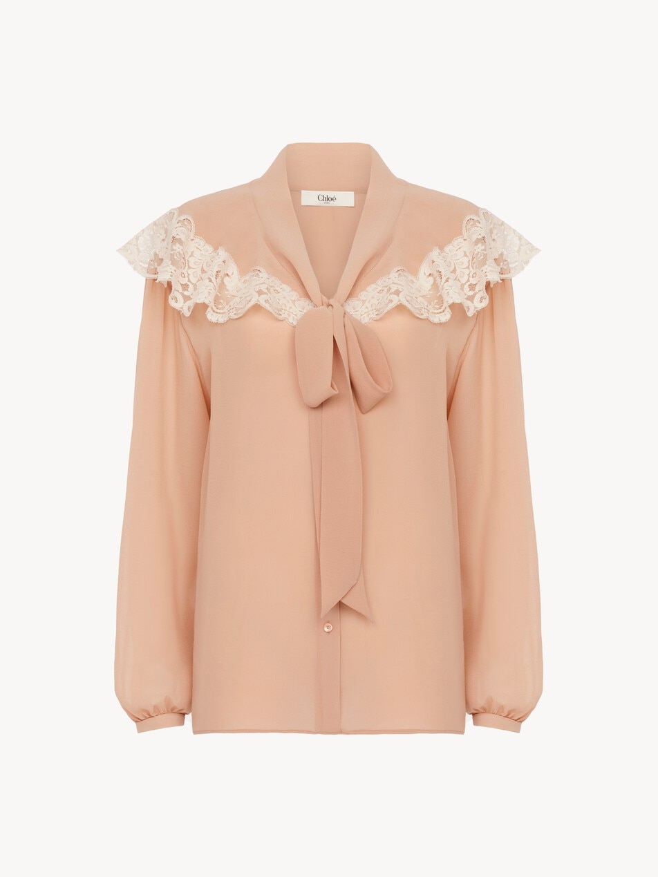 Tie-front gathered blouse in silk georgette & lace