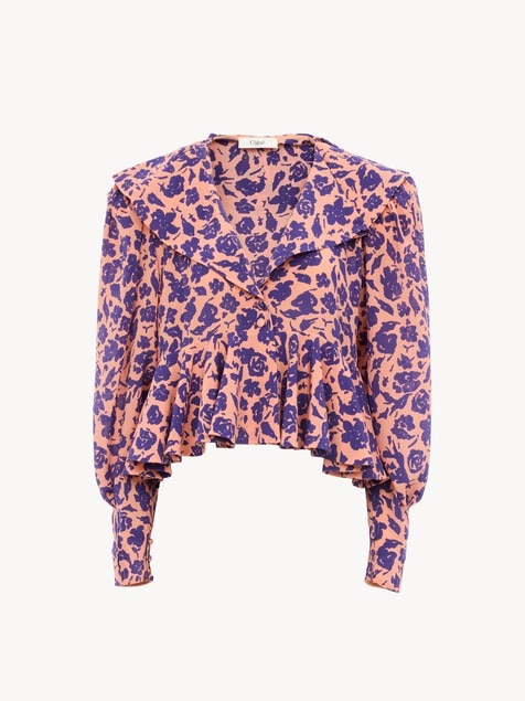 V-neck ruffle top in cr&ecirc;pe de chine
