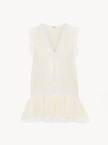 Sleeveless peplum top in cr&ecirc;pe de chine & lace - 2
