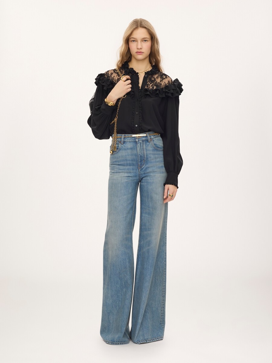 High-neck ruffled blouse in cr&ecirc;pe de chine & lace - 3