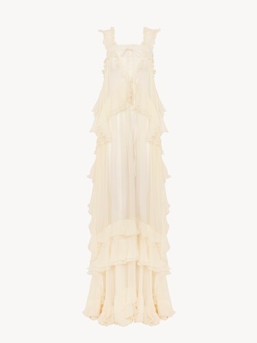 Sleeveless layered long dress in silk mousseline & lace - 2