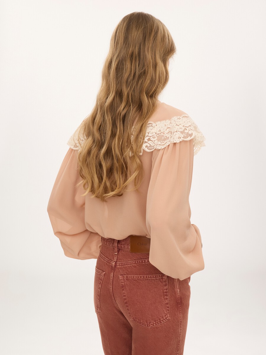 Tie-front gathered blouse in silk georgette & lace - 5