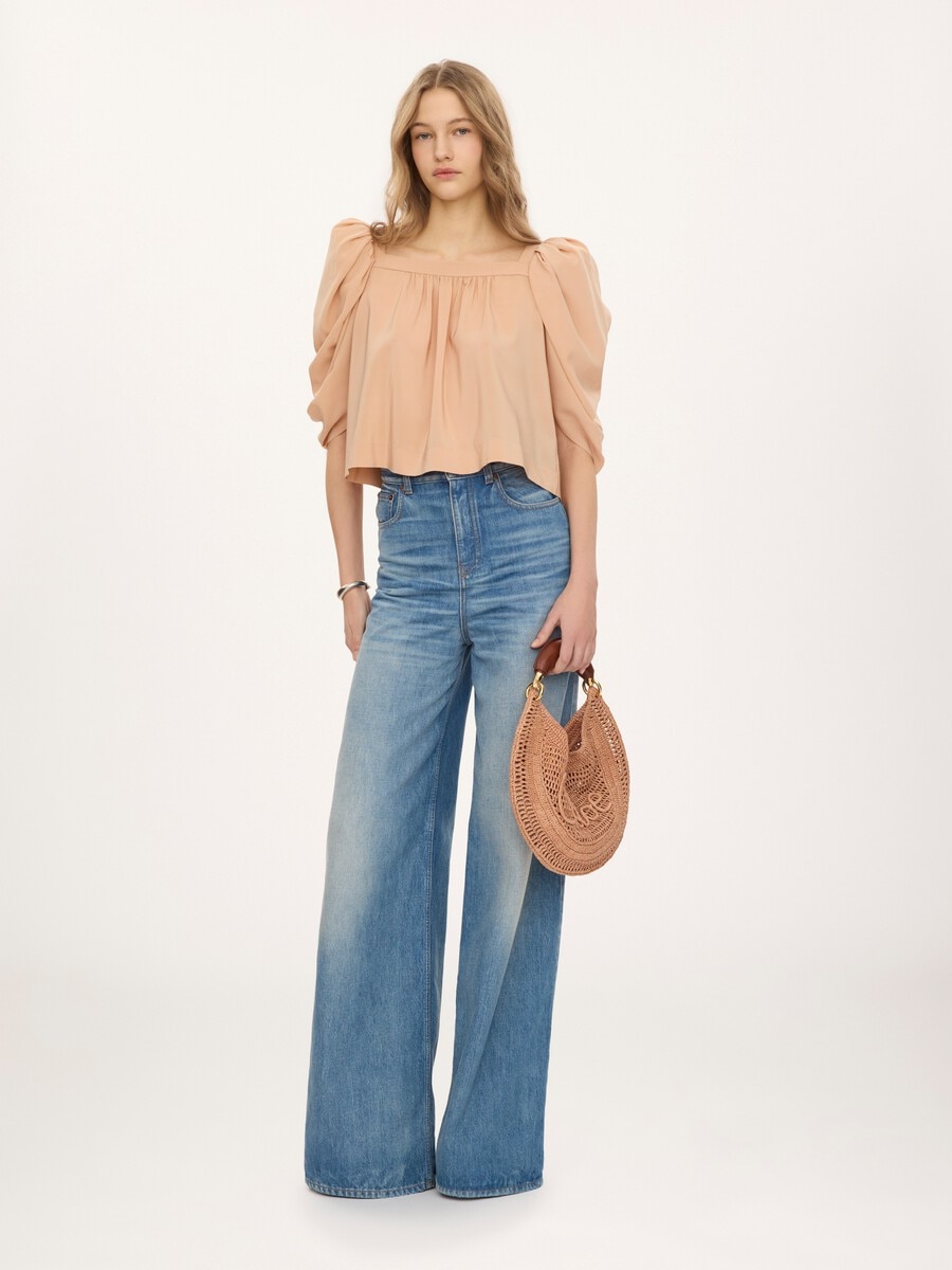 Puff-sleeve pleated top in cr&ecirc;pe de chine - 3