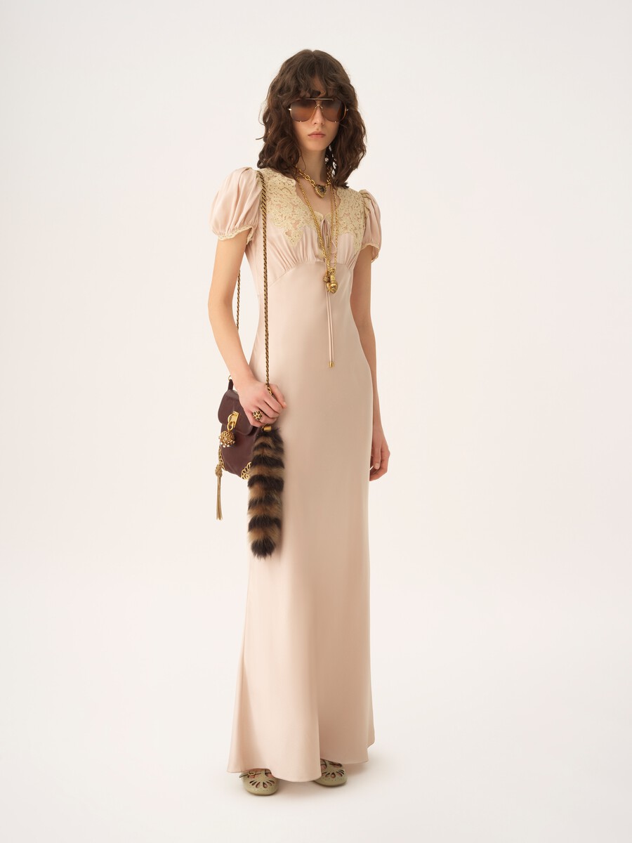 Puff-sleeve column dress in washed silk satin & lace - 1