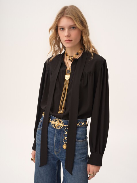 Maxi gathered lavalli&egrave;re blouse in cr&ecirc;pe de chine
