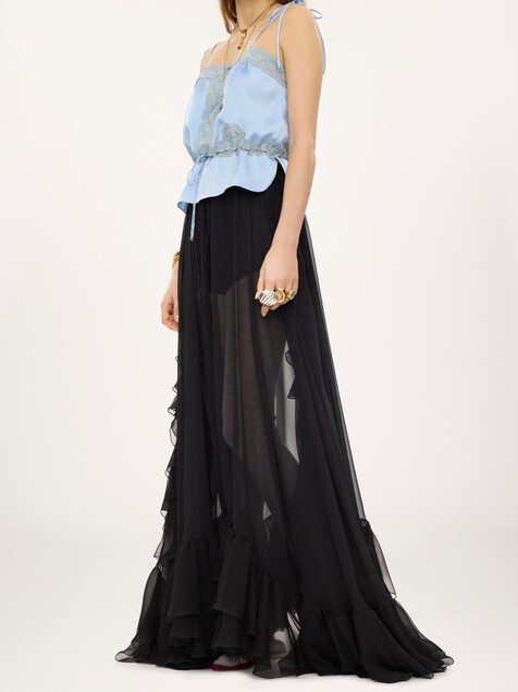 Ruffled long skirt in silk mousseline